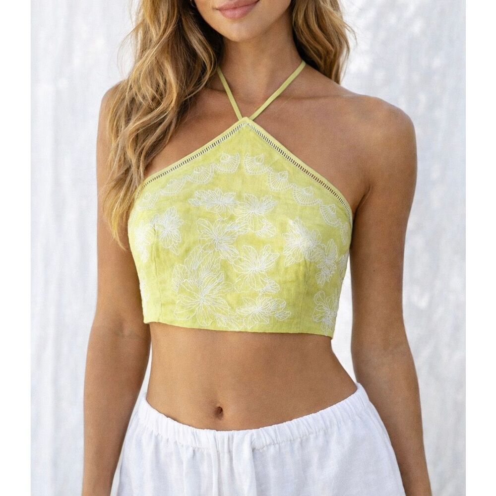 House of Harlow Halter Top Cropped Floral Linen‎ Blend Green size Medium